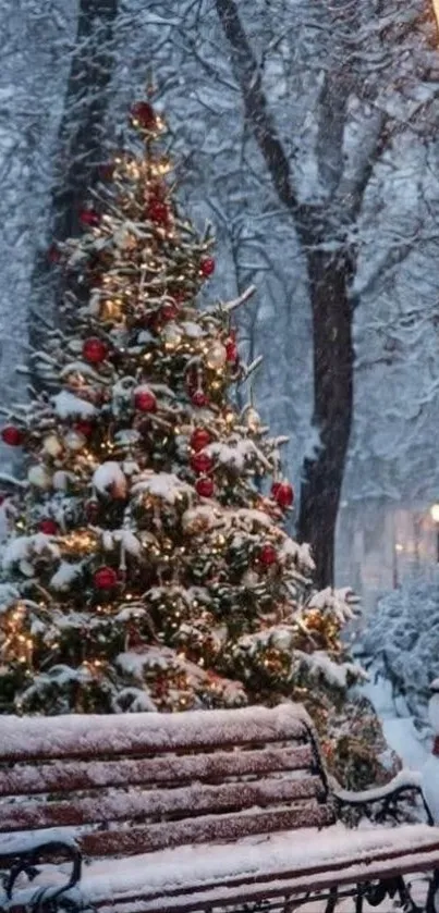 Festive Christmas tree in a snowy park with lights and decorations.