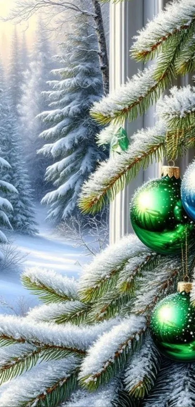 Snowy forest with Christmas ornaments on tree branches in a serene winter scene.