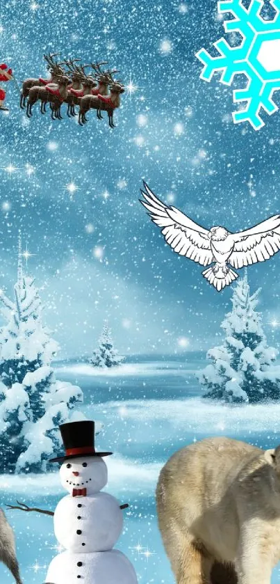Winter landscape with Santa sleigh, snowman, and polar bear.