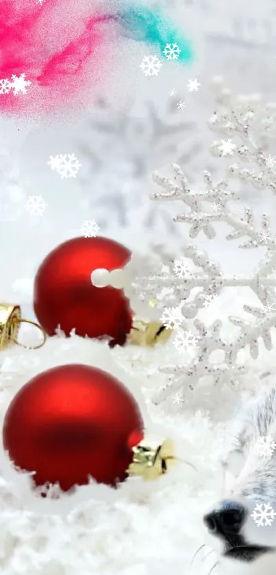 Winter wallpaper with red ornaments and a wolf in snowy scene.