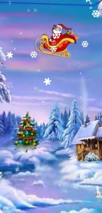 Cozy winter scene with Santa's sleigh and snow-covered cabin.