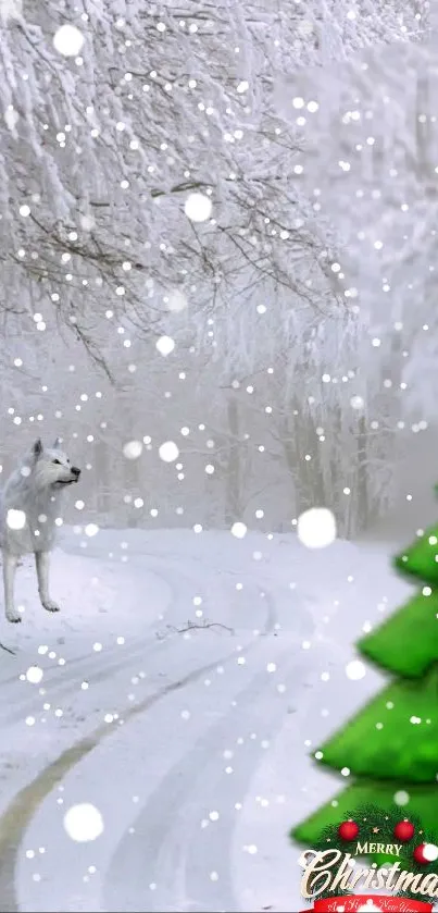 Winter scene with snow, a wolf, and a festive Christmas tree.