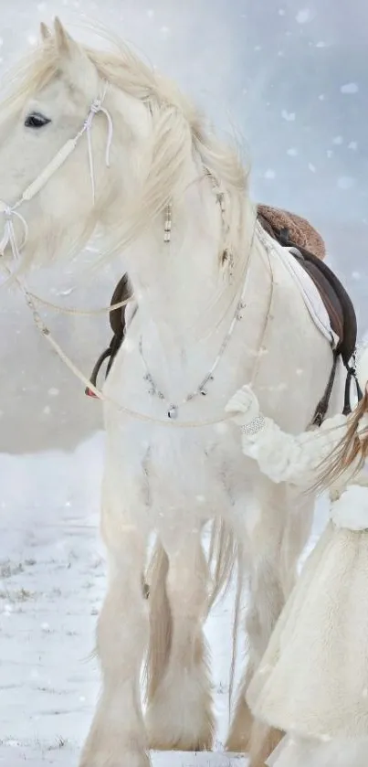 White horse and child in snowy landscape wallpaper.