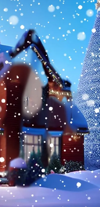 Snow-covered red house with Christmas lights.