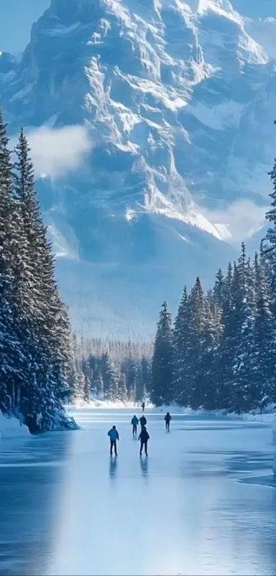 Ice skaters on a snowy lake with mountains in the background.