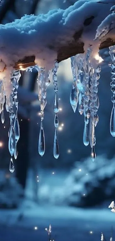 Icicles hanging from a snowy branch in a serene winter landscape.