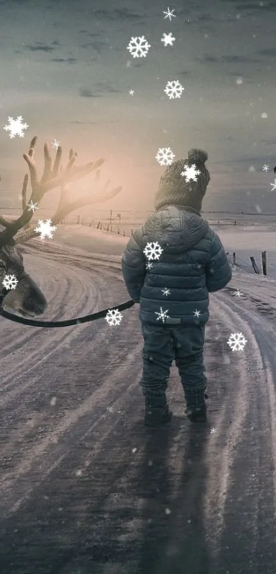 Child with reindeer walking on snowy path under twilight sky.