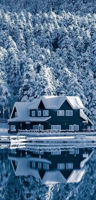 A serene cabin by the lake in a snowy forest landscape.