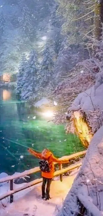 A serene winter landscape with snowy trees and a turquoise lake.