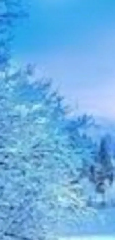 Serene winter landscape with snow-covered trees and a frozen lake under a blue sky.