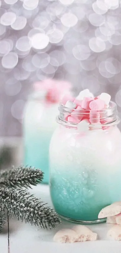 Frosty mason jar with pastel treats and silver bokeh.