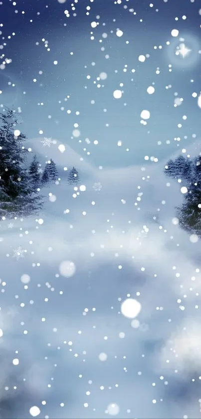 Snowy forest scene at night with falling snowflakes.