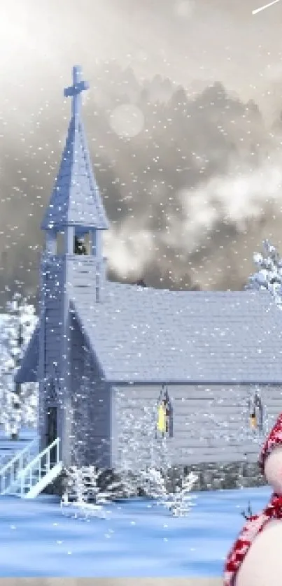 Serene winter landscape with church and snowman in snowy mountains.