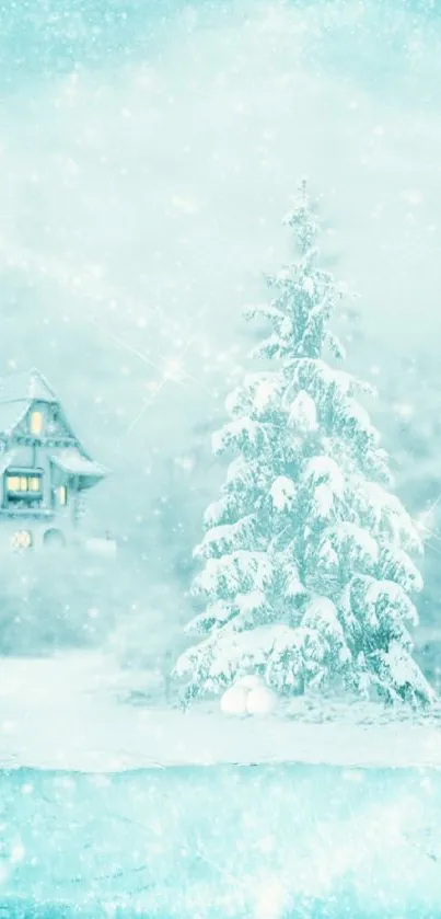 Winter landscape with snowy trees and a cabin under a star-filled sky.