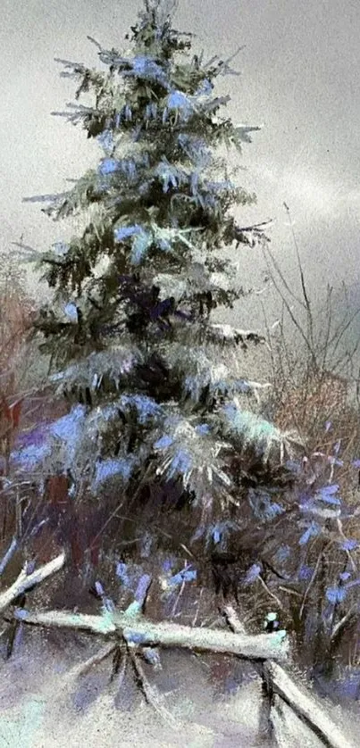 Serene winter scene with a snow-covered evergreen tree.