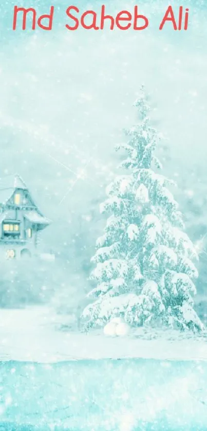 Serene winter landscape with snow-covered trees and a lit cottage.