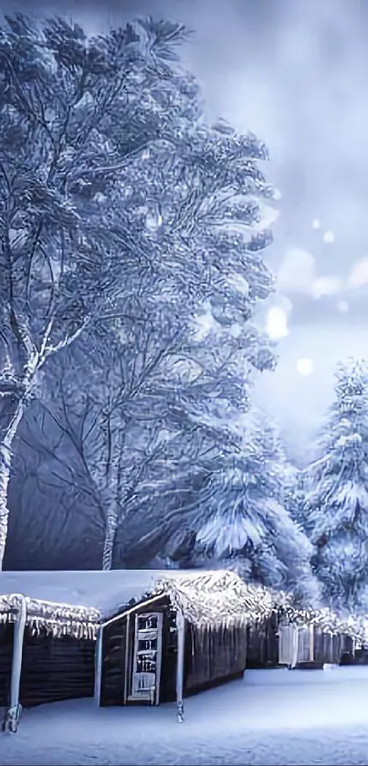 Snowy winter forest scene with illuminated huts.