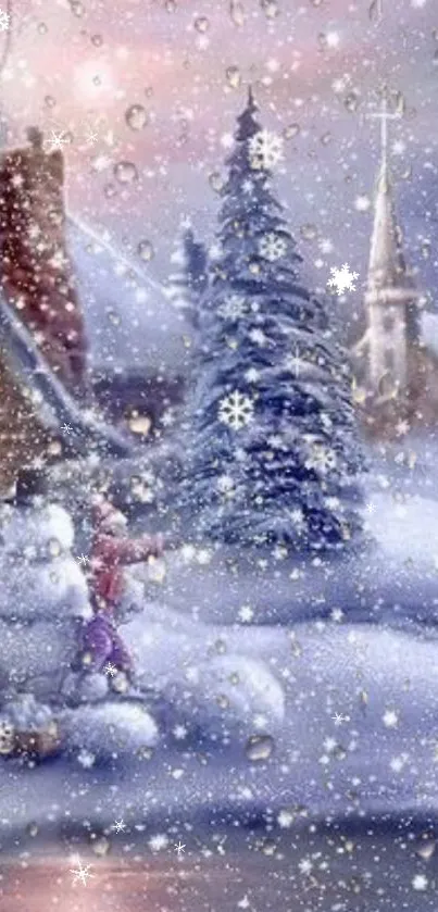 Snowy winter landscape with cabin and snowman under falling snowflakes.