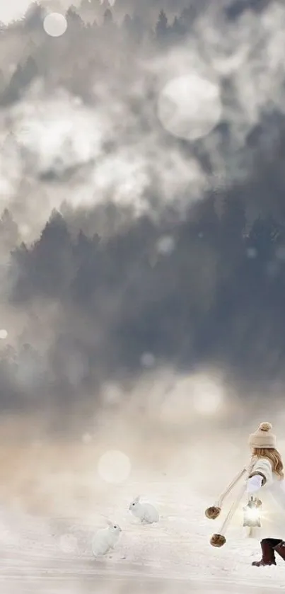 Winter forest scene with child and rabbits in snow.