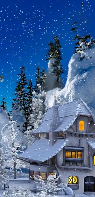 Snow-covered cabin under a starlit sky in a serene winter landscape.