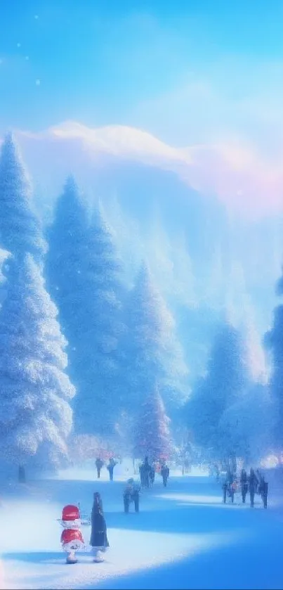 Snowy winter landscape with snowmen and frosty trees.