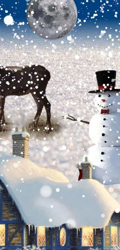 Snow-covered cottage with snowman and deer under moonlit sky.