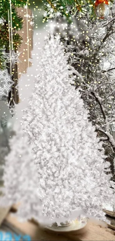 Snowy Christmas tree with festive decor in winter setting.