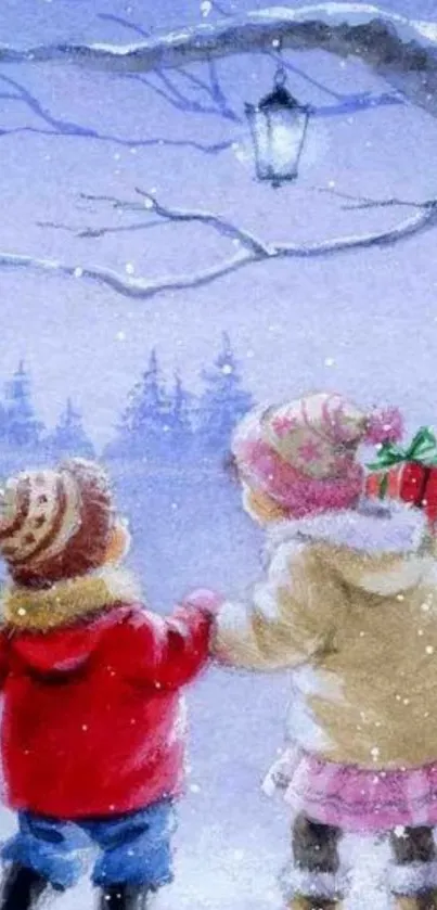 Two children in winter clothing enjoying a snowy landscape.