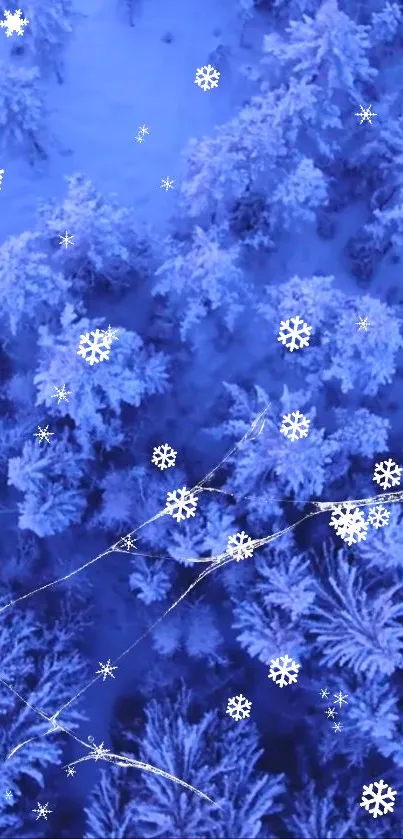 Winter forest with snowflakes in blue tones.