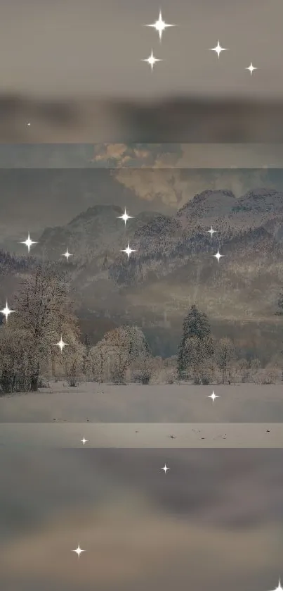 A snowy winter landscape with stars and mountains in the background.