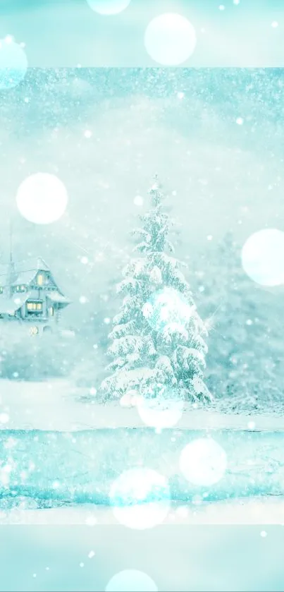 Serene winter landscape with snowy cabin and bokeh lights.