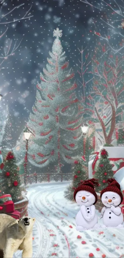 Winter wallpaper with snowmen, polar bear, and snowy trees.