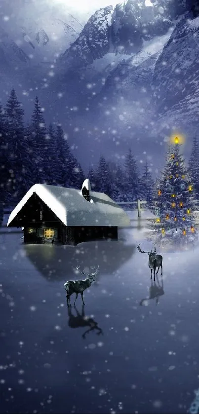 Snowy cabin with deer and Christmas tree in a winter wonderland.