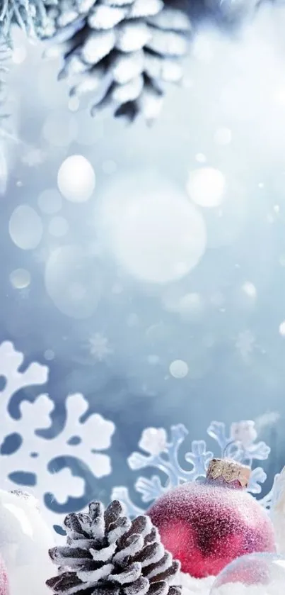 Winter scene with snowflakes and ornaments on a mobile wallpaper.