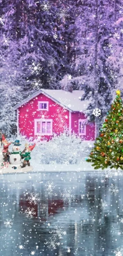 Pink cabin in snowy forest with Christmas tree and snowmen by the lake.