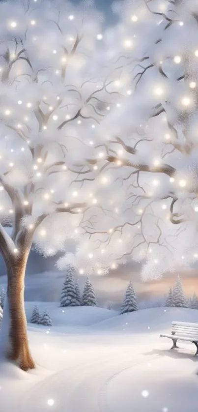 Snowy landscape with glowing trees and a bench.