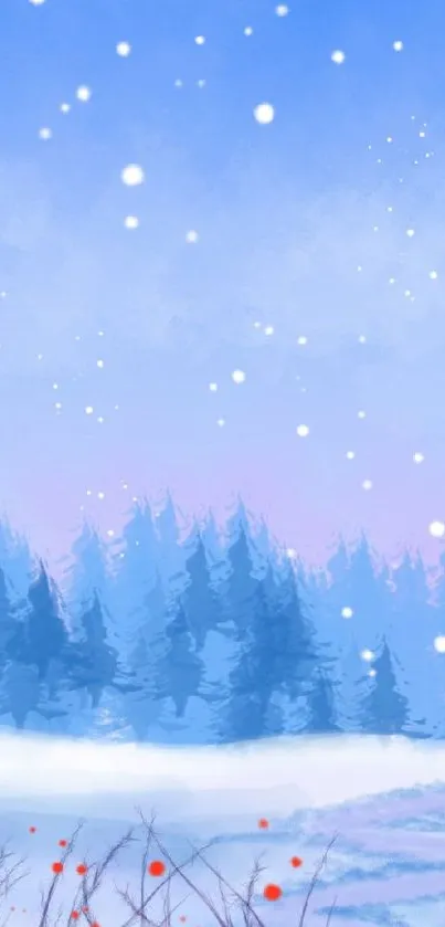 Blue winter landscape with snowy trees and starry sky.