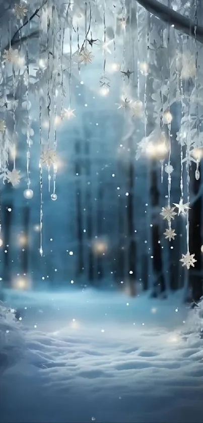 Serene winter scene with icy branches glowing in a snowy forest at night.