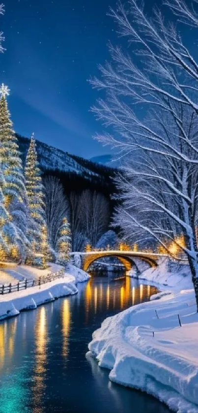 Snowy winter landscape with a river and illuminated bridge at night.