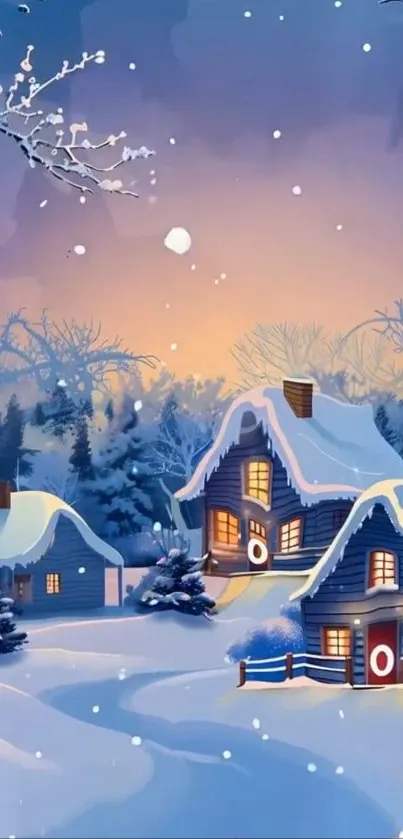 Snowy landscape with cozy cabins and sunset glow.