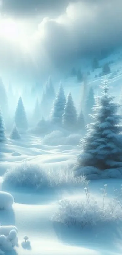 Tranquil snow-covered forest under a radiant winter sky.