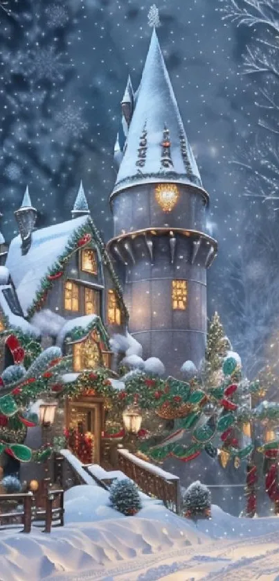 Snow-covered castle with festive lights and decorations at night.
