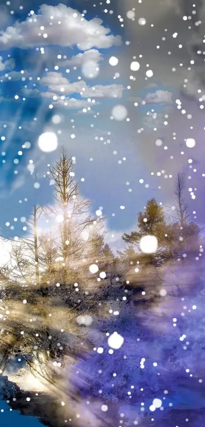 Enchanting winter scene with snow and trees in blue and purple hues.