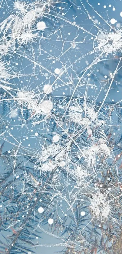 Winter wallpaper with snowflakes and frosty branches on a light blue background.