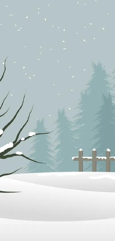 Minimalist winter landscape wallpaper with snow-covered trees.