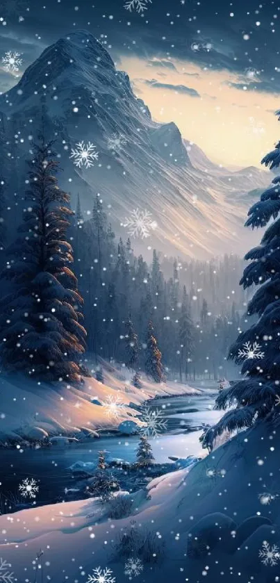 Serene winter forest with snow and mountains under a starry sky.