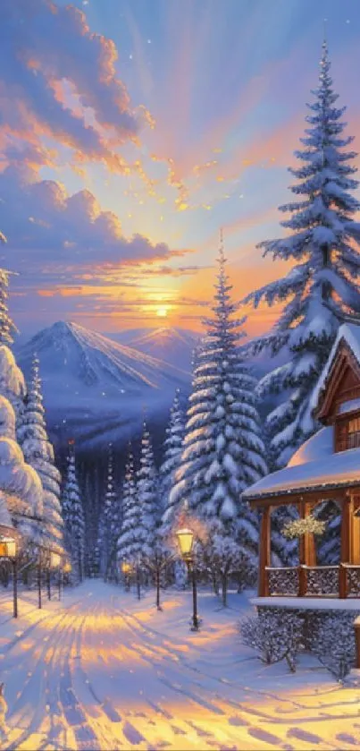 Winter landscape with snow-covered trees and cabin under sunset.