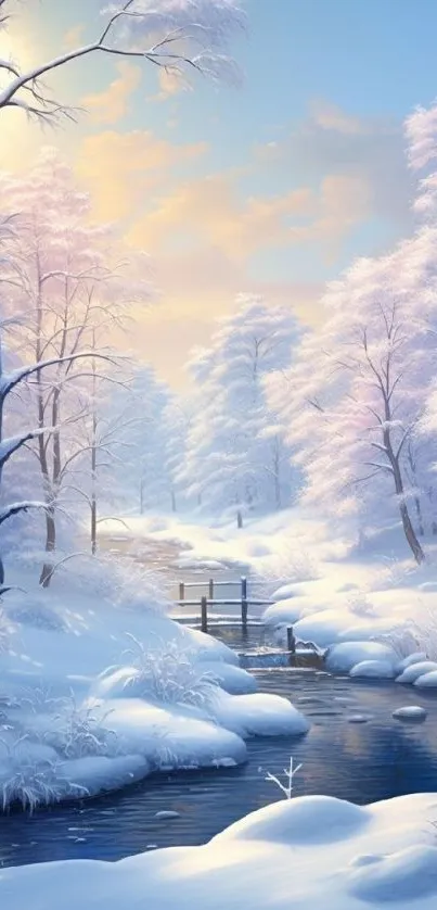Serene winter landscape with snow-covered trees and a flowing stream.