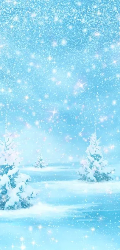 Snowy landscape with stars and pine trees on a winter mobile wallpaper.