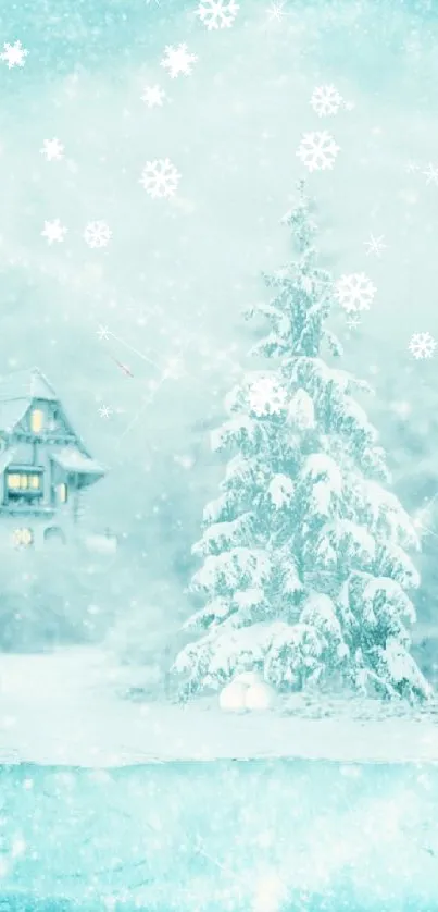 A serene winter landscape with snow and a cozy cabin.